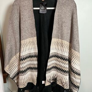 September 18 Black and Cream Knitted Poncho with Striped Hem